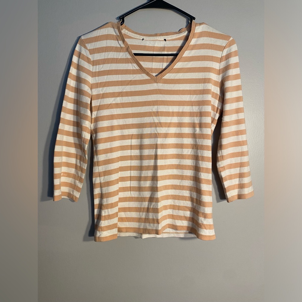 Item 130 Striped V-Neck 3/4 Sleeve Top - Cream & Tan